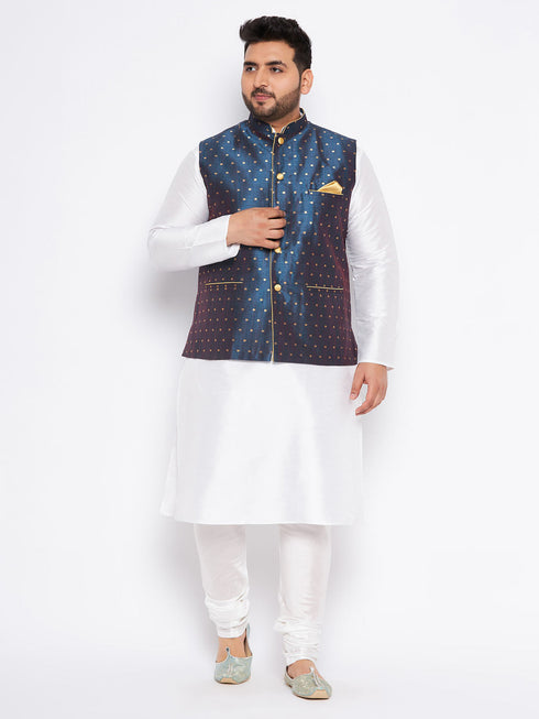 Vastramay Men's Plus Size Blue Zari Weaved Nehru Jacket With Kurta Pyjama set